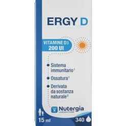 Ergy D Vitamina D3 200 Unità Integratore per Ossa e Sistema Immunitario 15ml