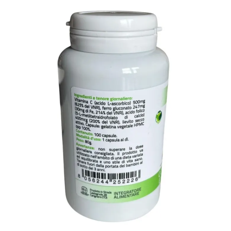Holos Ferro + Integratore Alimentare con Vitamina C e Acido Folico 100 Capsule