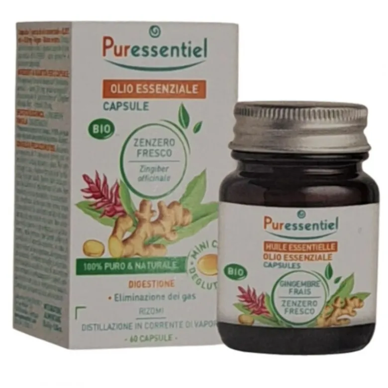Puressentiel Olio Essenziale Zenzero Fresco Bio Integratore Eliminazione Gas e Gonfiore 60 Capsule