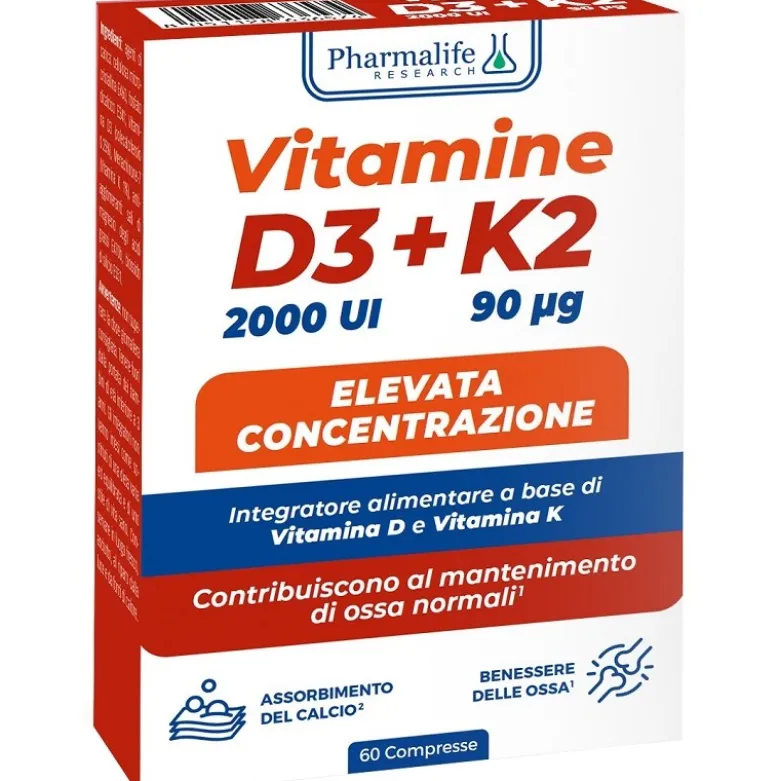 Vitamine D3+K2 Integratore per Ossa e Difese Immunitarie 60 Compresse da 500 mg